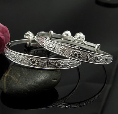純銀中花小孩手鐲 優質銀飾批發優選